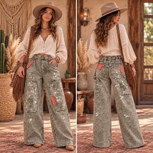 248. New POL Mineral Washed Wide Leg Cargo Jeans Paint Splatter Corduroy Patch M